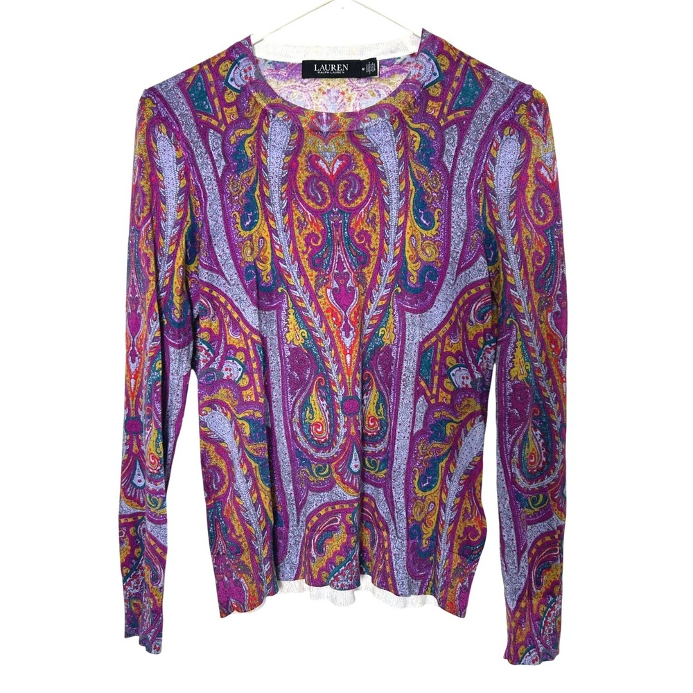 Lauren Ralph Lauren Paisley Sweater Womens M Crew Neck Cotton Modal maximalist